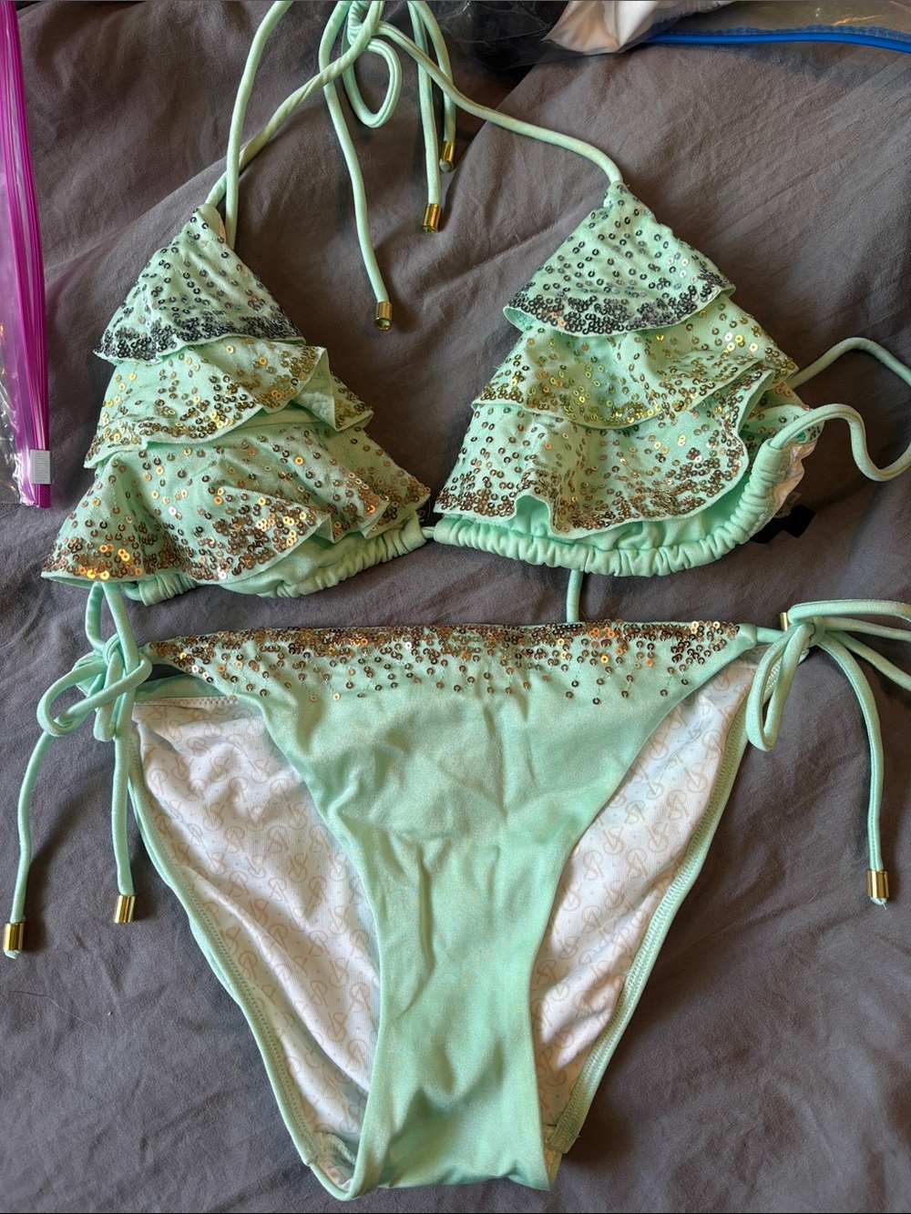 Victoria Secret mint and gold sequin tie bikini